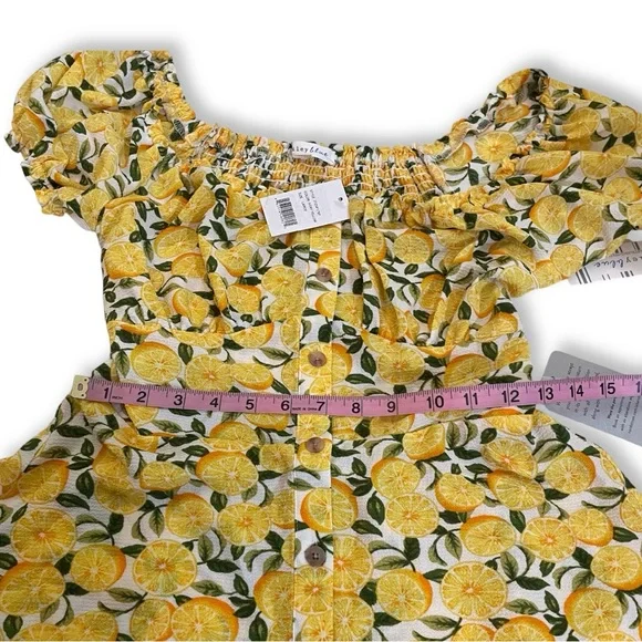 NWT BAILEY BLUE Lemon Print Mini Dress Square Neck Puff Sleeve Smocked Fruit New - Picture 7 of 9